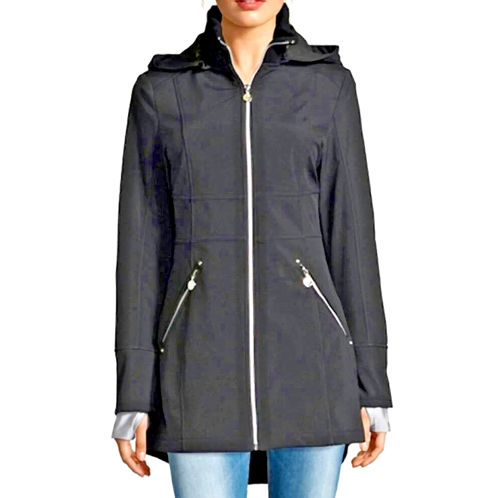Betsey Johnson Soft Shell Hood Jacket Coat Sz M Black Water Repellant Thumb Hole